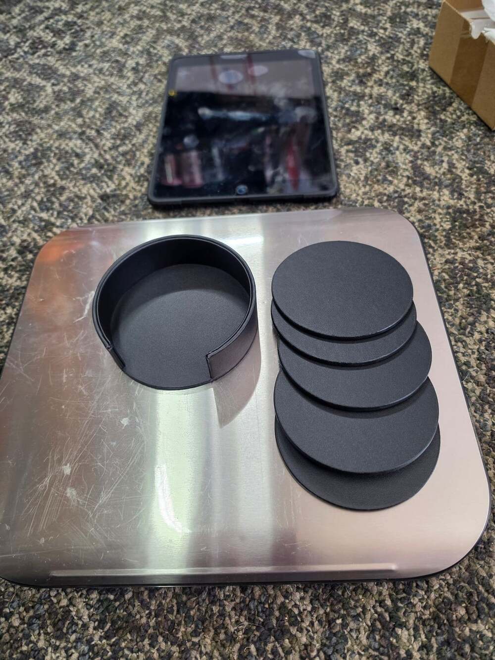 Black Faux Leather Drink Coasters With Holder Set